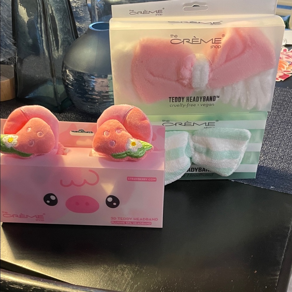 The Crème Shop Pink and Green Teddy Headband Set